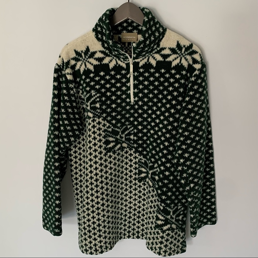 Vintage Liz Claiborne green 1/4 zip fleece with green and white snowflake print